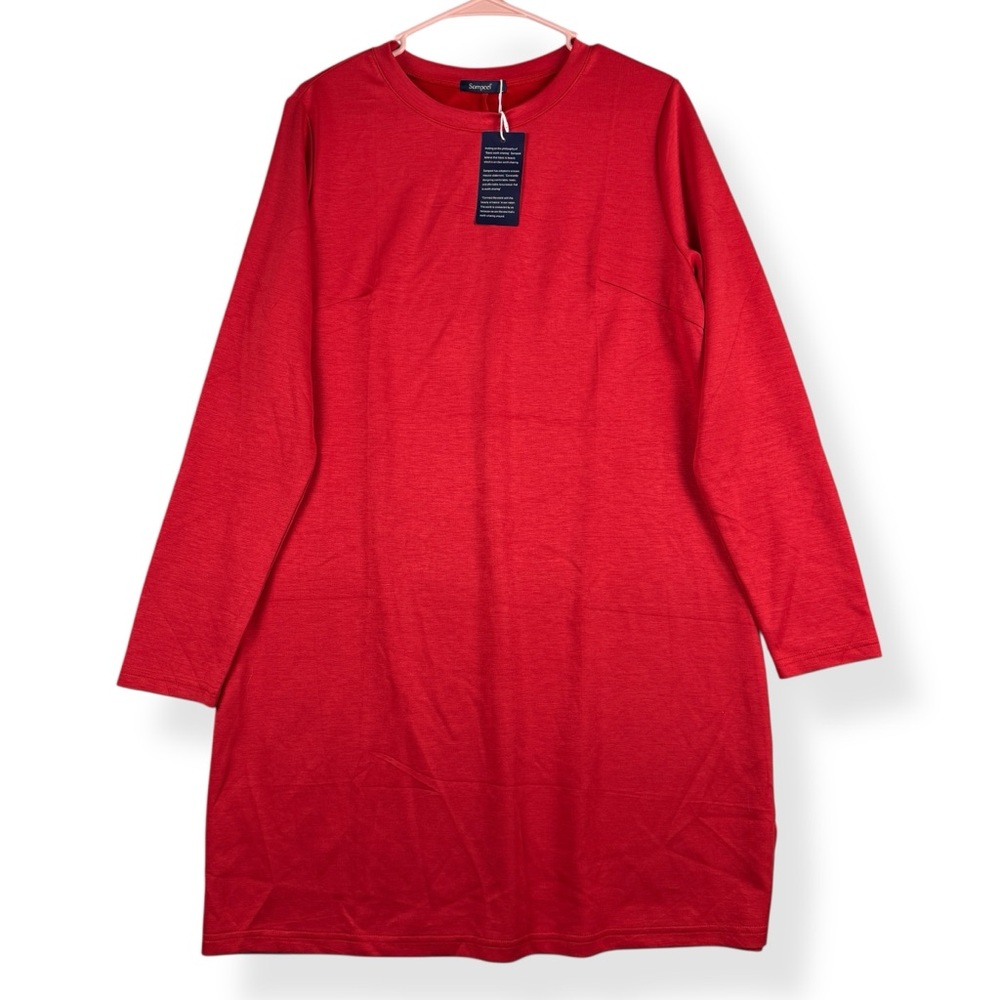 Sampeel Solid Red Dress Womens L Large Long Sleeve Shift Dress Stretch‎ NWT